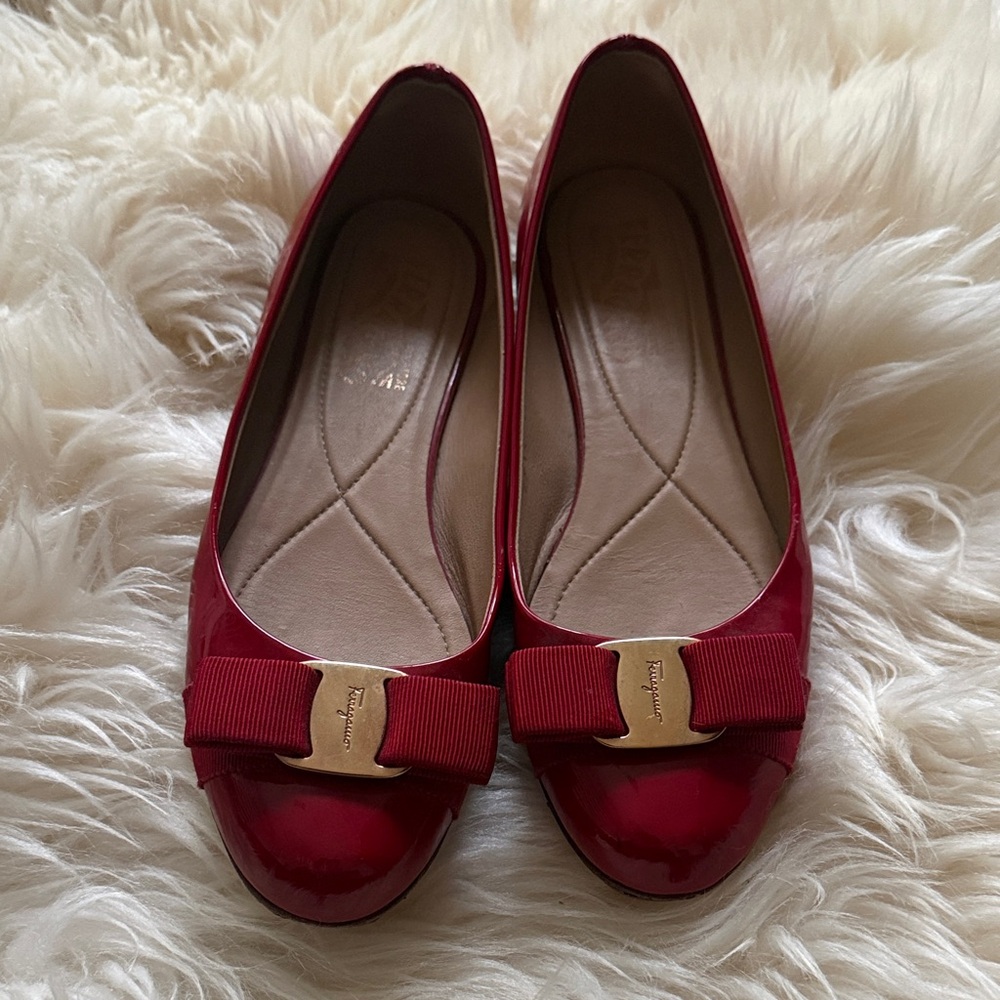 Salvatore Ferragamo Red Patent Vara Bow Flats
